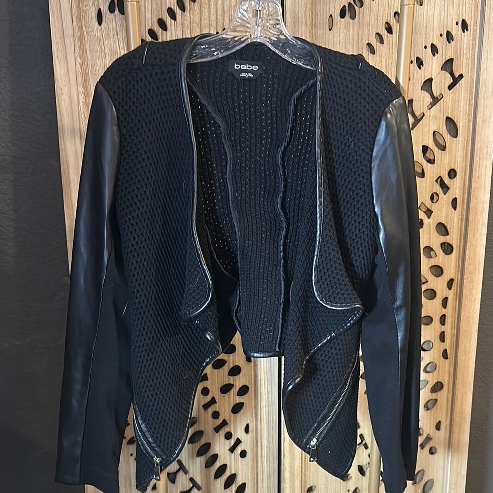 Bebe Textured Black Jacket with Leather Accents
